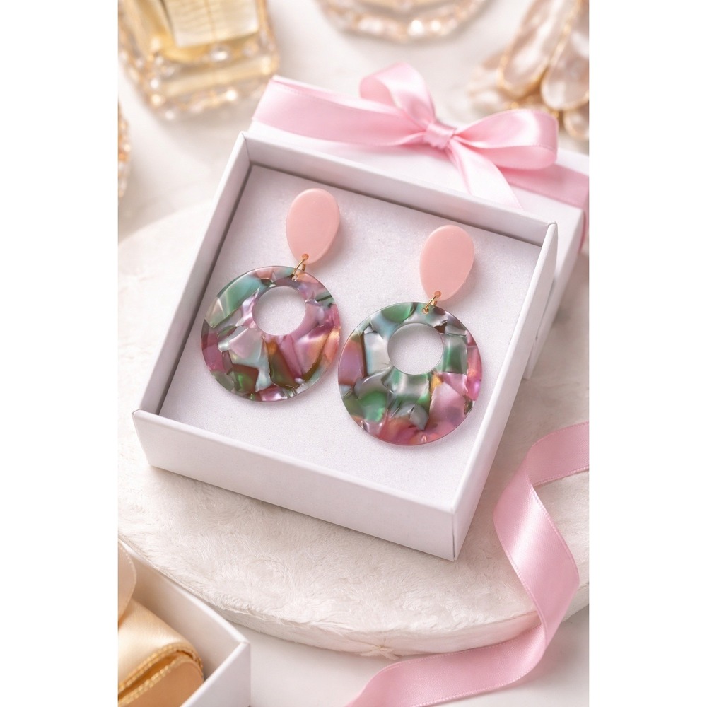 Multi Color Mosaic Resin Drop Earrings Pink Green Marbled Geometric Statement‎